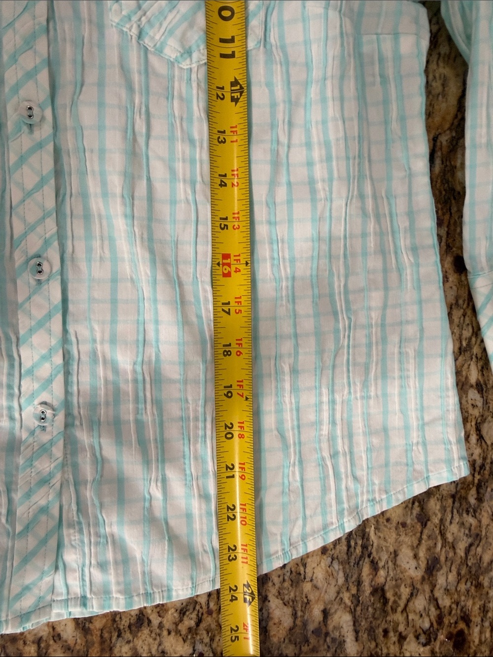 Foxcroft NYC Aqua Plaid Button Front Stretch Shirt 10P Petite 3/4 Sleeve Cotton - Picture 8 of 8